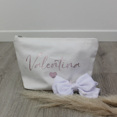 KIT SPOSA POCHETTE E FIOCCO IN STOFFA BIANCO PERSONALIZZABILI