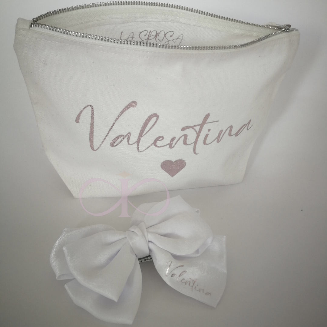 KIT SPOSA POCHETTE E FIOCCO IN STOFFA BIANCO PERSONALIZZABILI